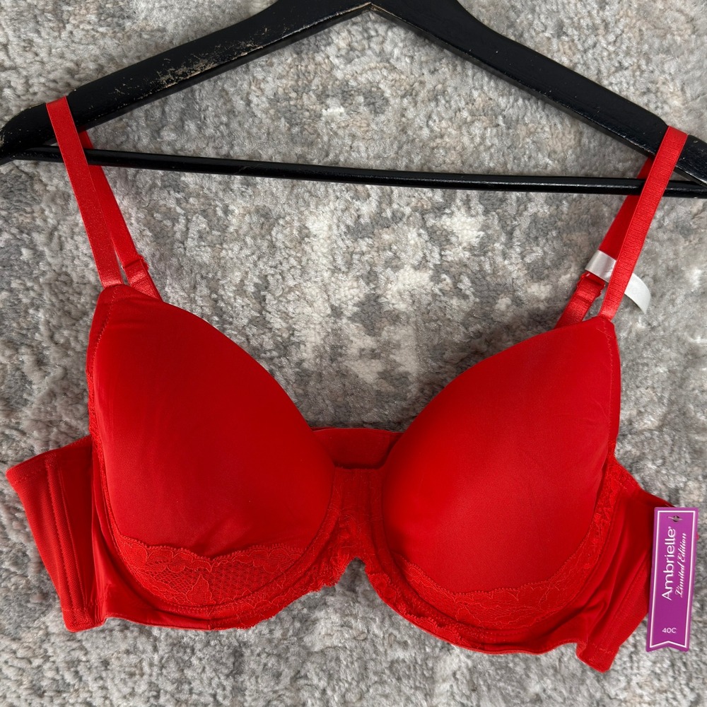 New Ambrielle Size 40C‎ Full Figure Lace Trim T-Shirt Bra Red Sleeveless Women